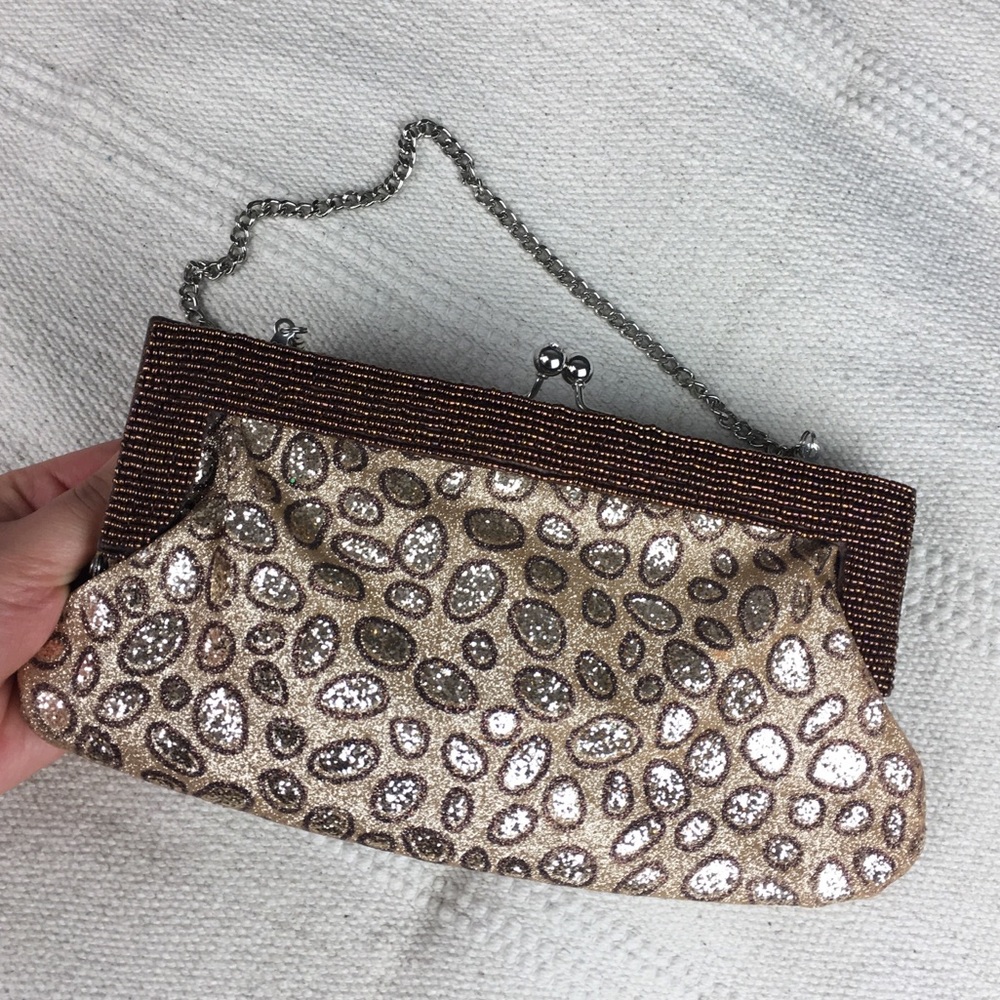 Brown print beaded glitter clutch bag